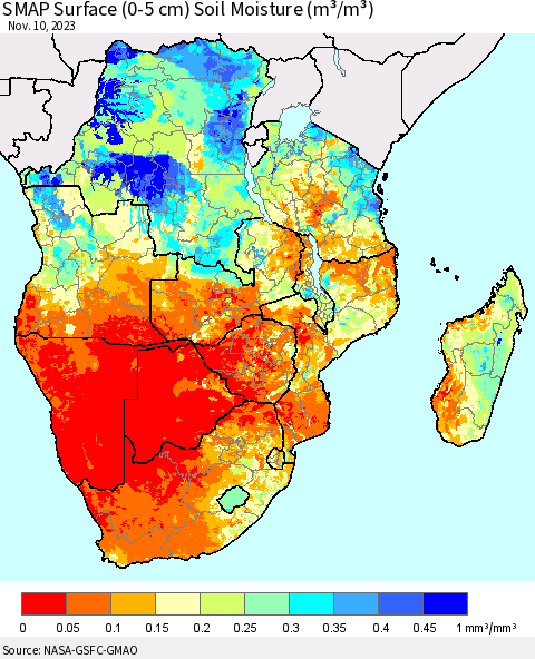 Southern Africa SMAP Surface (0-5 cm) Soil Moisture (m³/m³) Thematic Map For 11/6/2023 - 11/10/2023