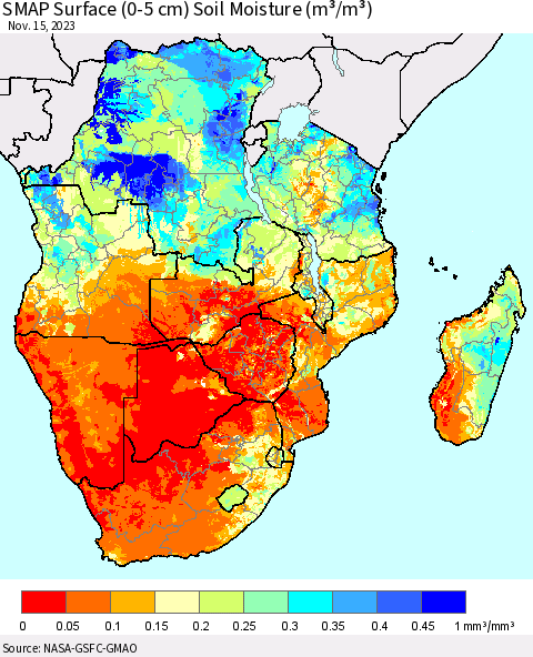 Southern Africa SMAP Surface (0-5 cm) Soil Moisture (m³/m³) Thematic Map For 11/11/2023 - 11/15/2023