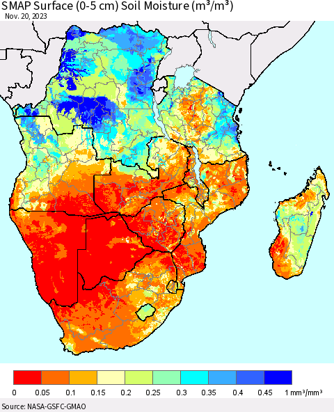 Southern Africa SMAP Surface (0-5 cm) Soil Moisture (m³/m³) Thematic Map For 11/16/2023 - 11/20/2023