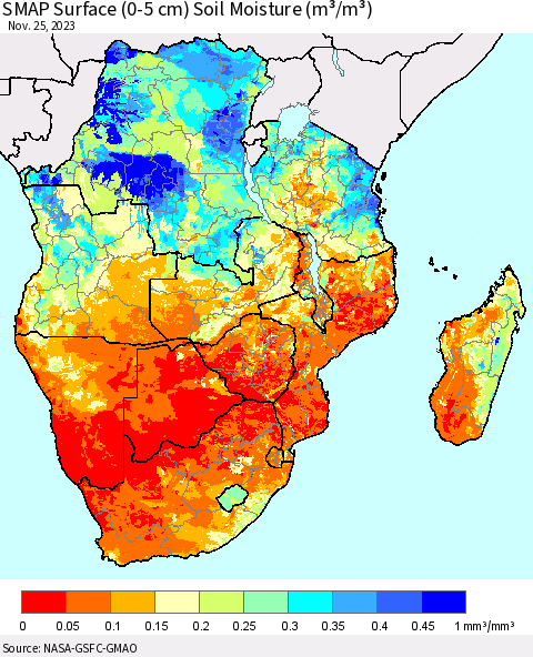 Southern Africa SMAP Surface (0-5 cm) Soil Moisture (m³/m³) Thematic Map For 11/21/2023 - 11/25/2023