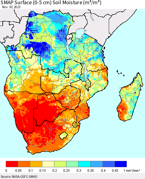 Southern Africa SMAP Surface (0-5 cm) Soil Moisture (m³/m³) Thematic Map For 11/26/2023 - 11/30/2023
