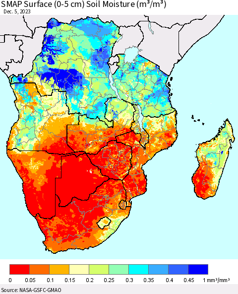 Southern Africa SMAP Surface (0-5 cm) Soil Moisture (m³/m³) Thematic Map For 12/1/2023 - 12/5/2023