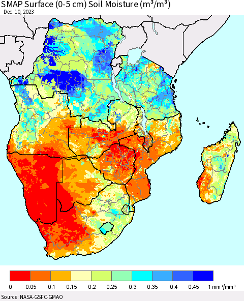 Southern Africa SMAP Surface (0-5 cm) Soil Moisture (m³/m³) Thematic Map For 12/6/2023 - 12/10/2023