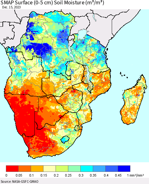 Southern Africa SMAP Surface (0-5 cm) Soil Moisture (m³/m³) Thematic Map For 12/11/2023 - 12/15/2023