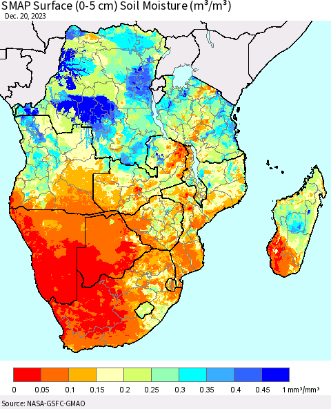Southern Africa SMAP Surface (0-5 cm) Soil Moisture (m³/m³) Thematic Map For 12/16/2023 - 12/20/2023