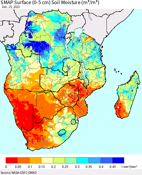 Southern Africa SMAP Surface (0-5 cm) Soil Moisture (m³/m³) Thematic Map For 12/21/2023 - 12/25/2023