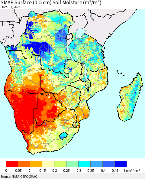 Southern Africa SMAP Surface (0-5 cm) Soil Moisture (m³/m³) Thematic Map For 12/26/2023 - 12/31/2023