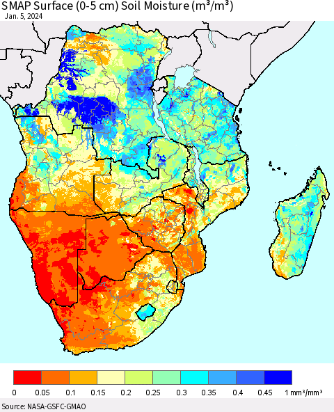 Southern Africa SMAP Surface (0-5 cm) Soil Moisture (m³/m³) Thematic Map For 1/1/2024 - 1/5/2024