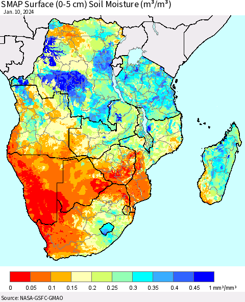 Southern Africa SMAP Surface (0-5 cm) Soil Moisture (m³/m³) Thematic Map For 1/6/2024 - 1/10/2024