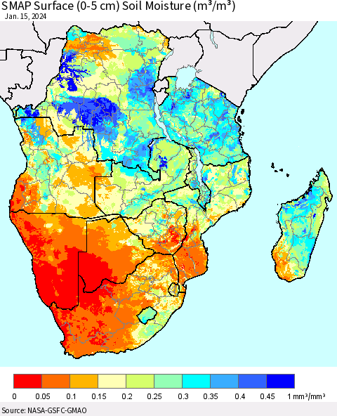 Southern Africa SMAP Surface (0-5 cm) Soil Moisture (m³/m³) Thematic Map For 1/11/2024 - 1/15/2024