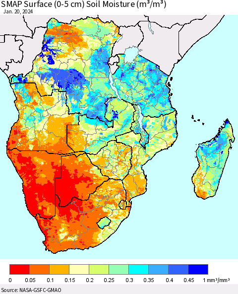 Southern Africa SMAP Surface (0-5 cm) Soil Moisture (m³/m³) Thematic Map For 1/16/2024 - 1/20/2024