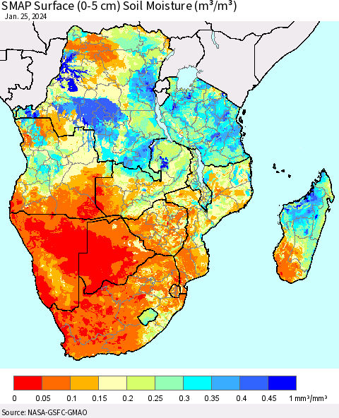 Southern Africa SMAP Surface (0-5 cm) Soil Moisture (m³/m³) Thematic Map For 1/21/2024 - 1/25/2024