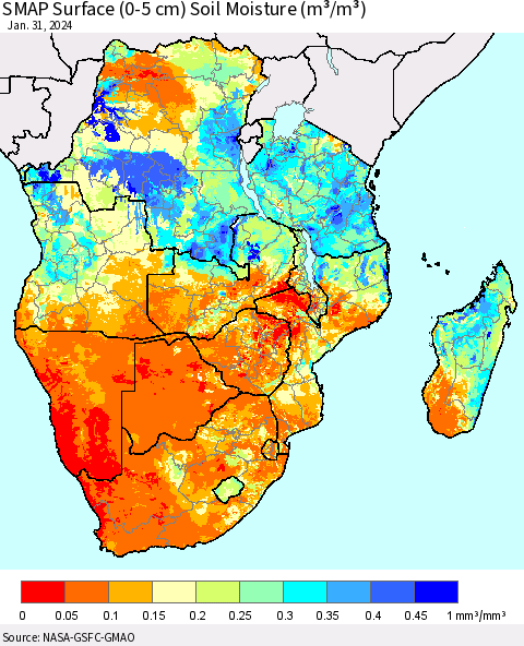 Southern Africa SMAP Surface (0-5 cm) Soil Moisture (m³/m³) Thematic Map For 1/26/2024 - 1/31/2024