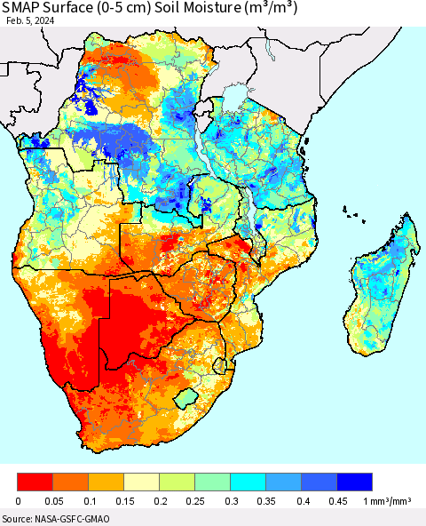 Southern Africa SMAP Surface (0-5 cm) Soil Moisture (m³/m³) Thematic Map For 2/1/2024 - 2/5/2024