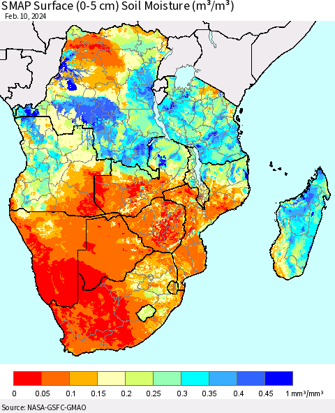 Southern Africa SMAP Surface (0-5 cm) Soil Moisture (m³/m³) Thematic Map For 2/6/2024 - 2/10/2024