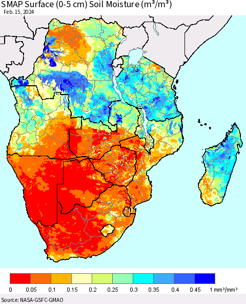 Southern Africa SMAP Surface (0-5 cm) Soil Moisture (m³/m³) Thematic Map For 2/11/2024 - 2/15/2024