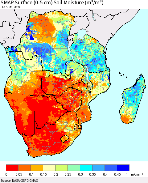 Southern Africa SMAP Surface (0-5 cm) Soil Moisture (m³/m³) Thematic Map For 2/16/2024 - 2/20/2024