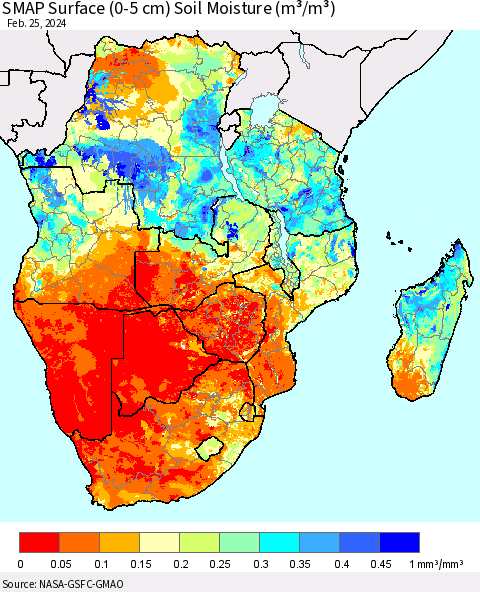 Southern Africa SMAP Surface (0-5 cm) Soil Moisture (m³/m³) Thematic Map For 2/21/2024 - 2/25/2024