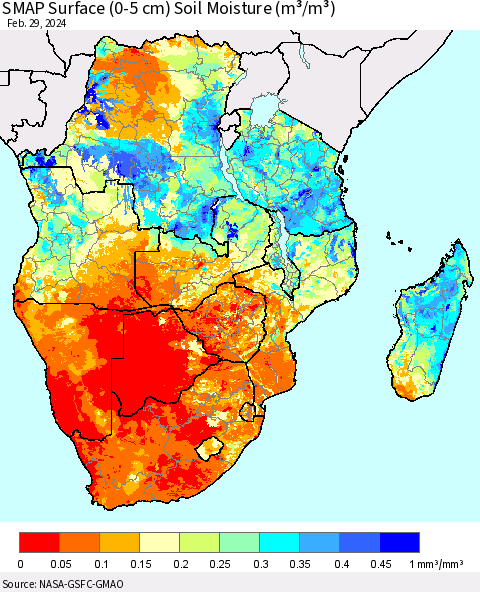 Southern Africa SMAP Surface (0-5 cm) Soil Moisture (m³/m³) Thematic Map For 2/26/2024 - 2/29/2024