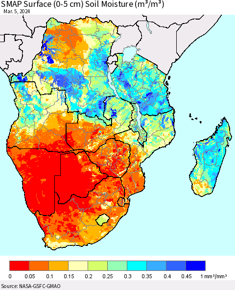 Southern Africa SMAP Surface (0-5 cm) Soil Moisture (m³/m³) Thematic Map For 3/1/2024 - 3/5/2024