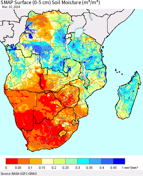 Southern Africa SMAP Surface (0-5 cm) Soil Moisture (m³/m³) Thematic Map For 3/6/2024 - 3/10/2024