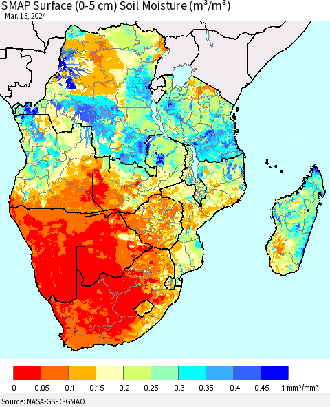Southern Africa SMAP Surface (0-5 cm) Soil Moisture (m³/m³) Thematic Map For 3/11/2024 - 3/15/2024