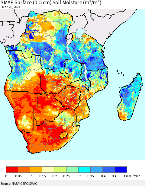 Southern Africa SMAP Surface (0-5 cm) Soil Moisture (m³/m³) Thematic Map For 3/16/2024 - 3/20/2024