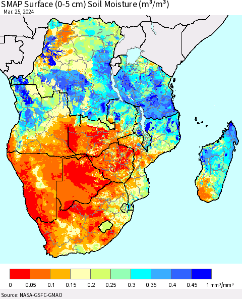 Southern Africa SMAP Surface (0-5 cm) Soil Moisture (m³/m³) Thematic Map For 3/21/2024 - 3/25/2024