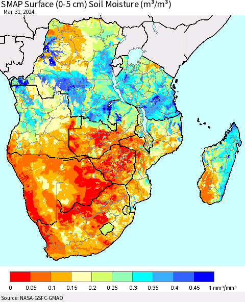 Southern Africa SMAP Surface (0-5 cm) Soil Moisture (m³/m³) Thematic Map For 3/26/2024 - 3/31/2024