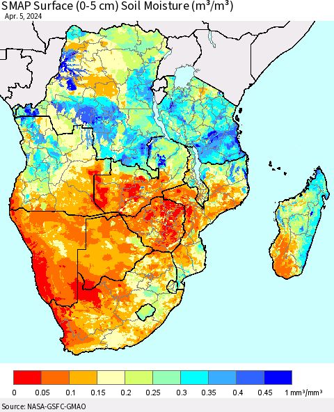 Southern Africa SMAP Surface (0-5 cm) Soil Moisture (m³/m³) Thematic Map For 4/1/2024 - 4/5/2024