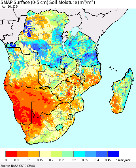 Southern Africa SMAP Surface (0-5 cm) Soil Moisture (m³/m³) Thematic Map For 4/6/2024 - 4/10/2024
