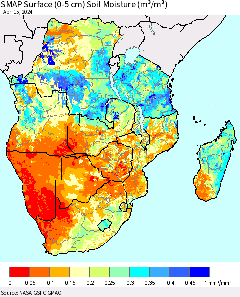 Southern Africa SMAP Surface (0-5 cm) Soil Moisture (m³/m³) Thematic Map For 4/11/2024 - 4/15/2024