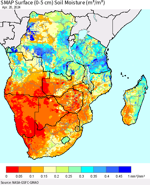 Southern Africa SMAP Surface (0-5 cm) Soil Moisture (m³/m³) Thematic Map For 4/16/2024 - 4/20/2024