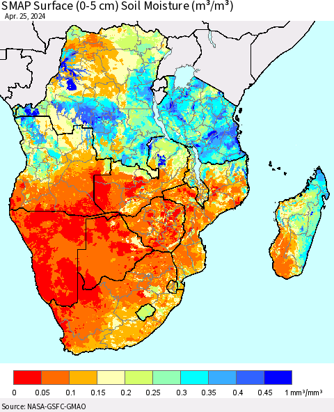 Southern Africa SMAP Surface (0-5 cm) Soil Moisture (m³/m³) Thematic Map For 4/21/2024 - 4/25/2024