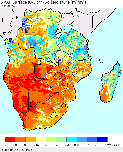 Southern Africa SMAP Surface (0-5 cm) Soil Moisture (m³/m³) Thematic Map For 4/26/2024 - 4/30/2024