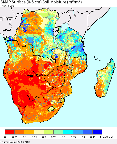 Southern Africa SMAP Surface (0-5 cm) Soil Moisture (m³/m³) Thematic Map For 5/1/2024 - 5/5/2024