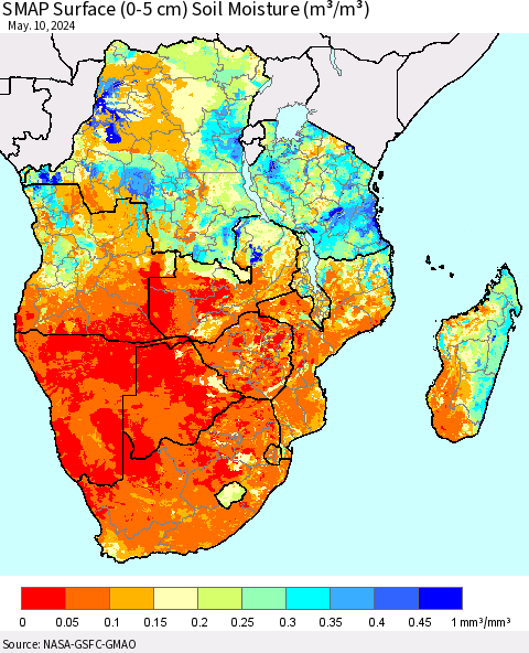 Southern Africa SMAP Surface (0-5 cm) Soil Moisture (m³/m³) Thematic Map For 5/6/2024 - 5/10/2024