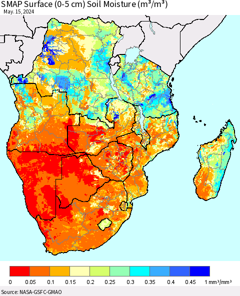 Southern Africa SMAP Surface (0-5 cm) Soil Moisture (m³/m³) Thematic Map For 5/11/2024 - 5/15/2024