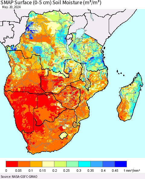 Southern Africa SMAP Surface (0-5 cm) Soil Moisture (m³/m³) Thematic Map For 5/16/2024 - 5/20/2024