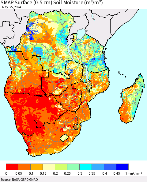 Southern Africa SMAP Surface (0-5 cm) Soil Moisture (m³/m³) Thematic Map For 5/21/2024 - 5/25/2024