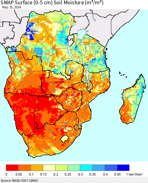 Southern Africa SMAP Surface (0-5 cm) Soil Moisture (m³/m³) Thematic Map For 5/26/2024 - 5/31/2024
