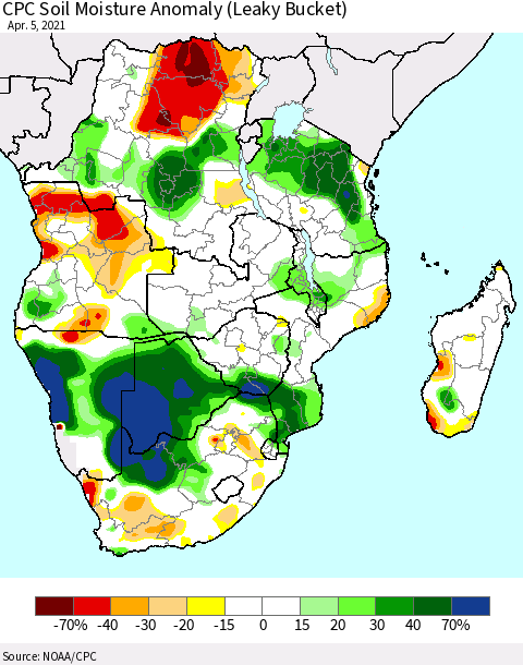 Southern Africa CPC Soil Moisture Anomaly (Leaky Bucket) Thematic Map For 4/1/2021 - 4/5/2021