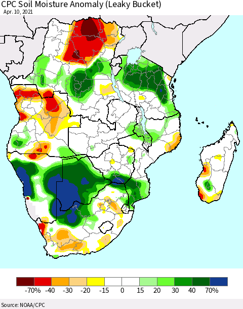 Southern Africa CPC Soil Moisture Anomaly (Leaky Bucket) Thematic Map For 4/6/2021 - 4/10/2021