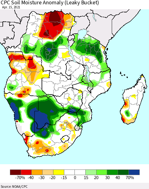 Southern Africa CPC Soil Moisture Anomaly (Leaky Bucket) Thematic Map For 4/11/2021 - 4/15/2021