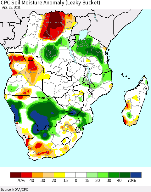 Southern Africa CPC Soil Moisture Anomaly (Leaky Bucket) Thematic Map For 4/21/2021 - 4/25/2021