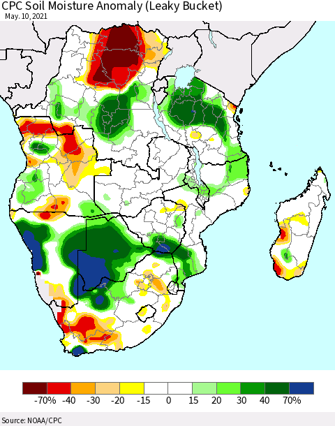 Southern Africa CPC Soil Moisture Anomaly (Leaky Bucket) Thematic Map For 5/6/2021 - 5/10/2021