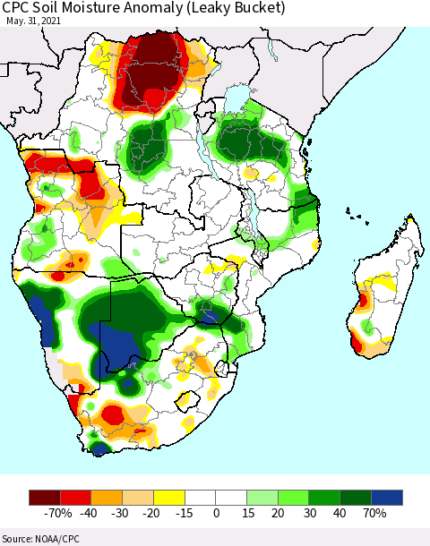 Southern Africa CPC Soil Moisture Anomaly (Leaky Bucket) Thematic Map For 5/26/2021 - 5/31/2021
