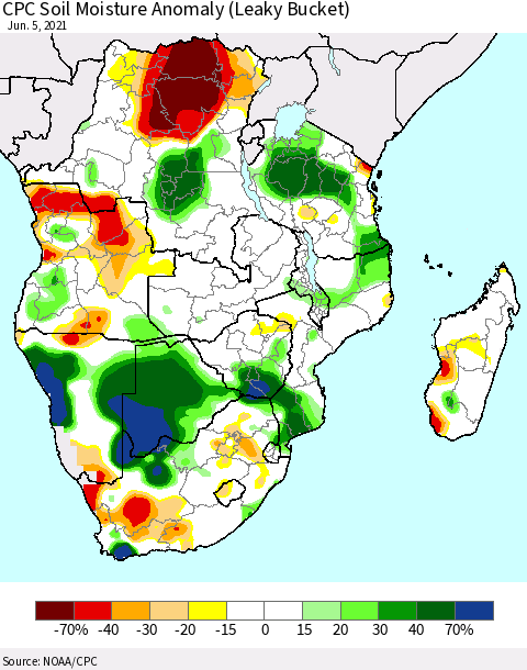 Southern Africa CPC Soil Moisture Anomaly (Leaky Bucket) Thematic Map For 6/1/2021 - 6/5/2021