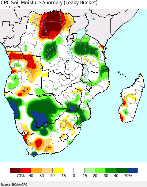 Southern Africa CPC Soil Moisture Anomaly (Leaky Bucket) Thematic Map For 6/6/2021 - 6/10/2021