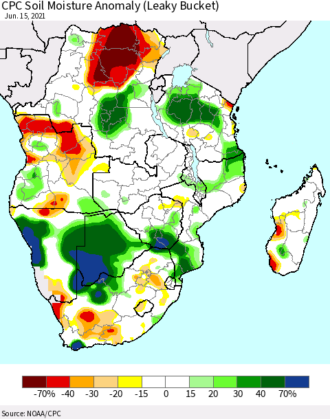 Southern Africa CPC Soil Moisture Anomaly (Leaky Bucket) Thematic Map For 6/11/2021 - 6/15/2021